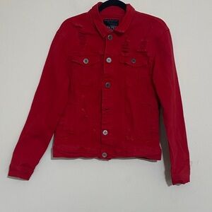 Copper rivet Red Denim Jacket button down mens S distressed casual Y2K retro